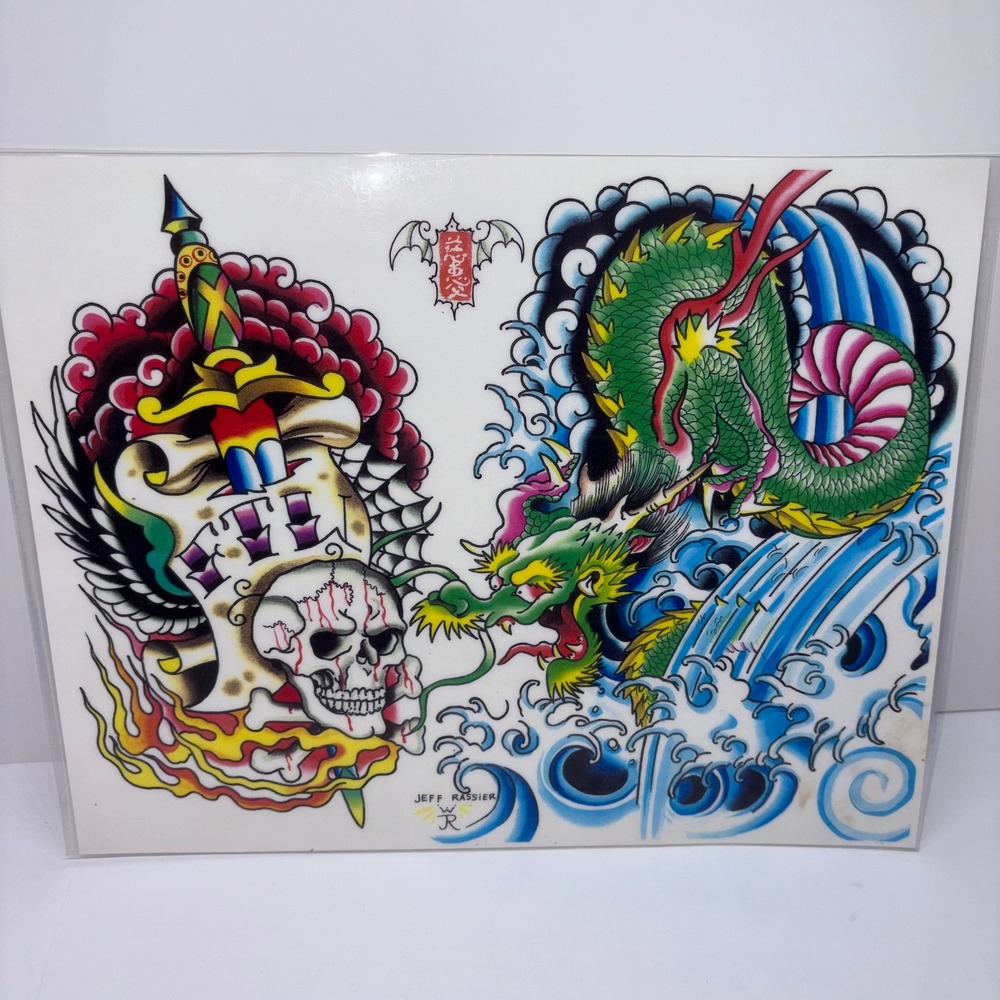 Jeff Rassier Flash Tattoo Sheet Dragon Skull Dagger Art Print 11x14 Multicolor